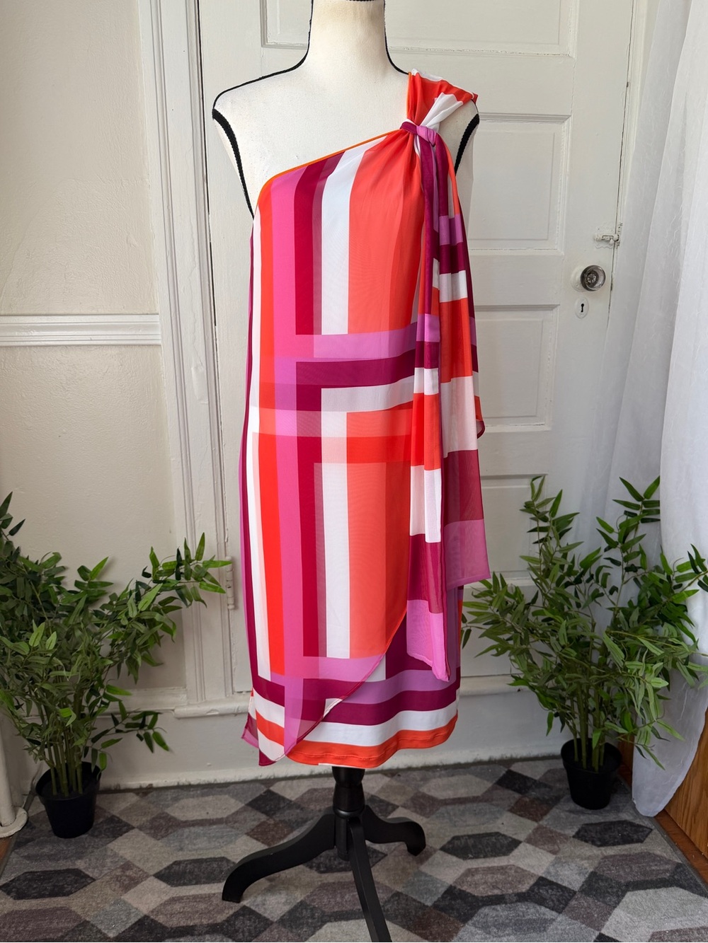 Analili One-Shoulder Geometric Draped Dress Colorful Vacation Resortwear M/L